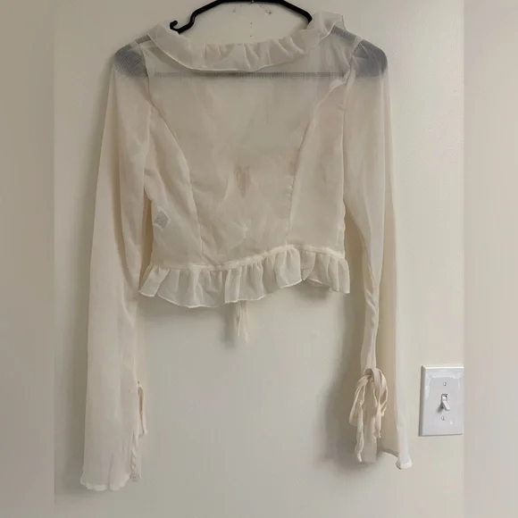 Sheer Chiffon Tie Front Ruffle Top cream XS fairy Coquette Bell Sleeve tie front - Picture 3 of 7